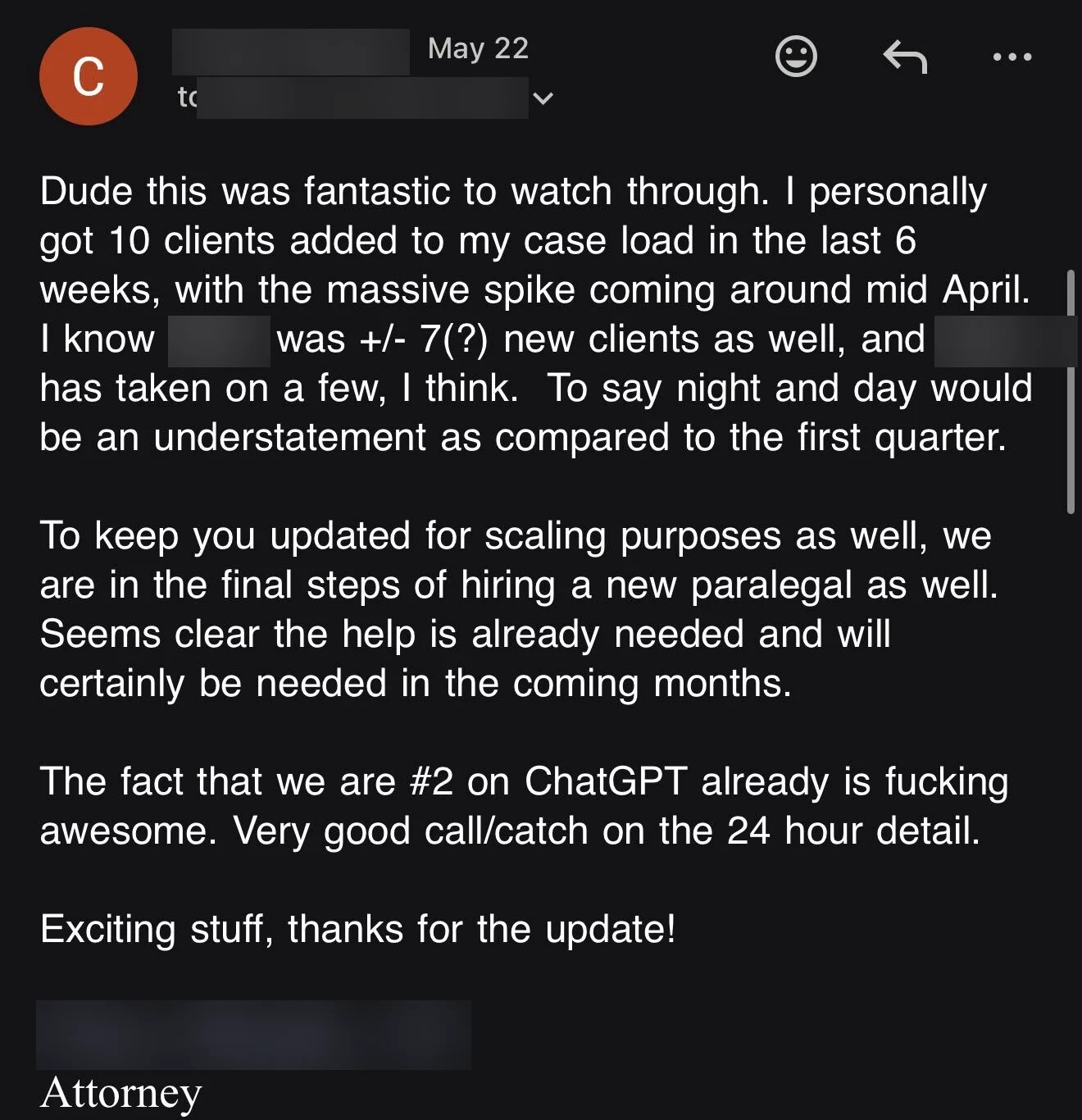 Client email: 10 new clients added in 6 weeks, hiring a new paralegal, number 2 on ChatGPT