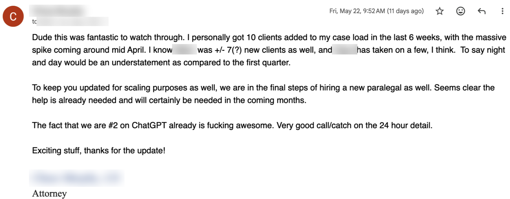Client email: 10 new clients added in 6 weeks, hiring a new paralegal, number 2 on ChatGPT
