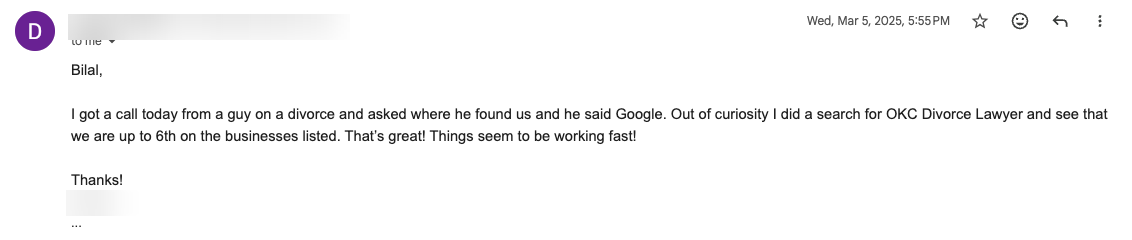 Client email: a consult found the firm on Google, up to 6th for a divorce lawyer search