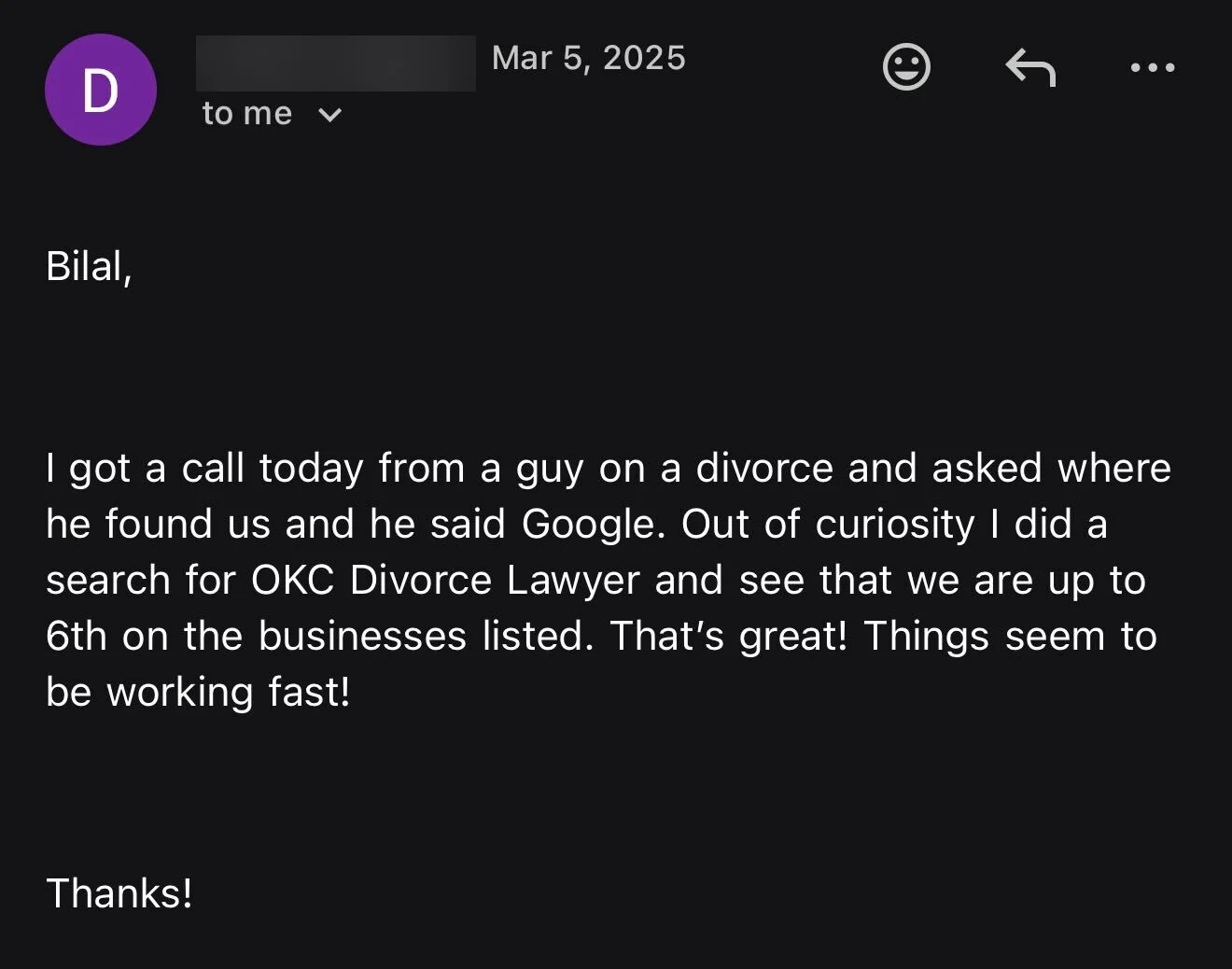 Client email: a consult found the firm on Google, up to 6th for a divorce lawyer search