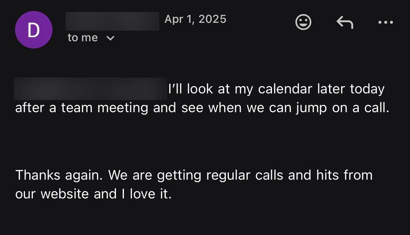 Client email: getting regular calls and hits from the website