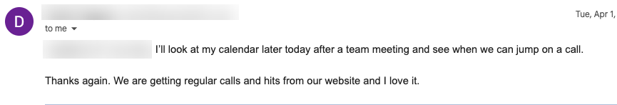 Client email: getting regular calls and hits from the website