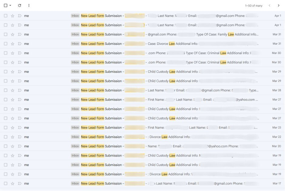 Anonymized inbox of law firm lead form submissions across family, divorce, and criminal law